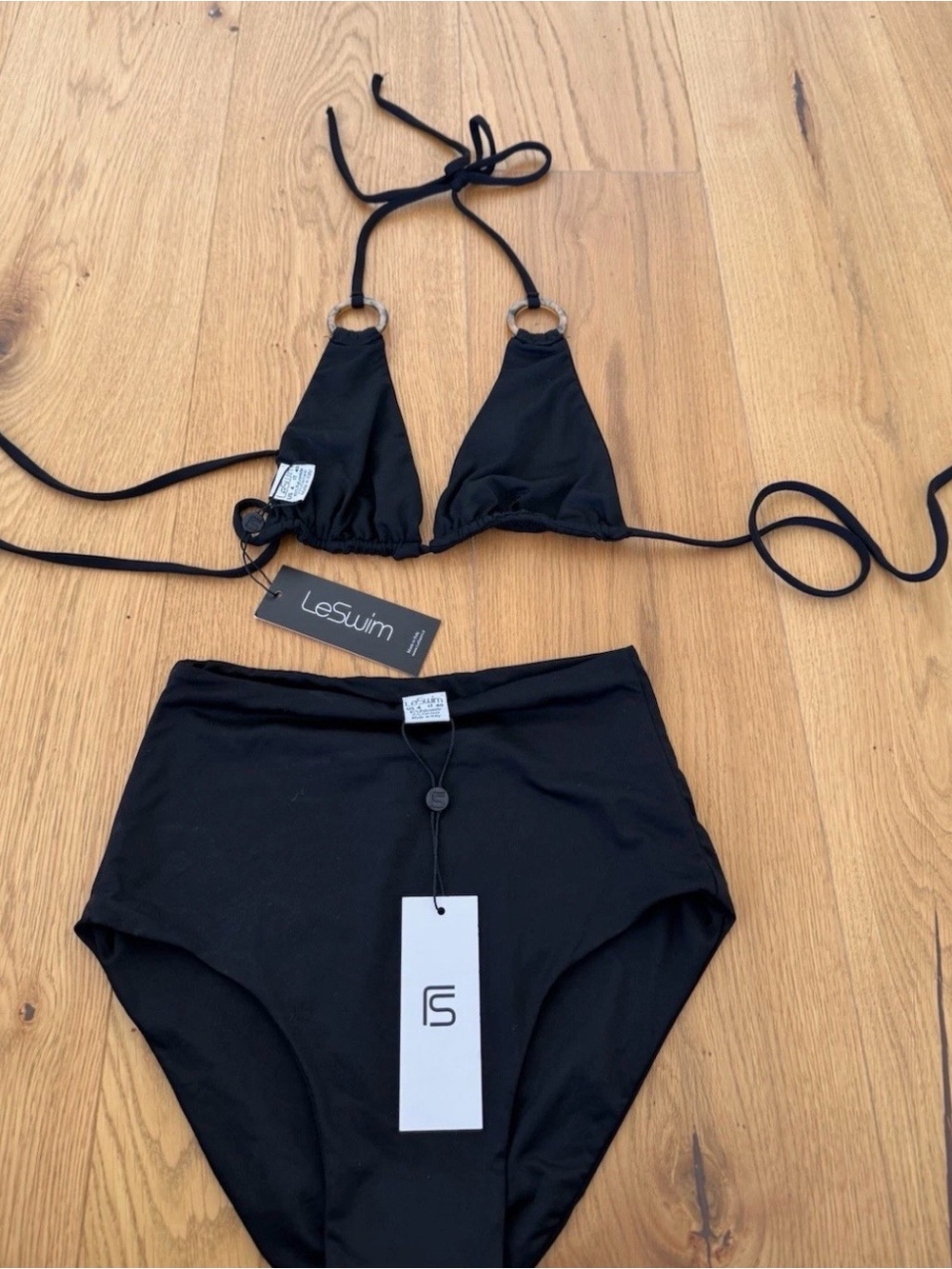 LeSwim Black Triangle Bikini Set size 4 Italian resort wear 2 piece swimsuit NWT